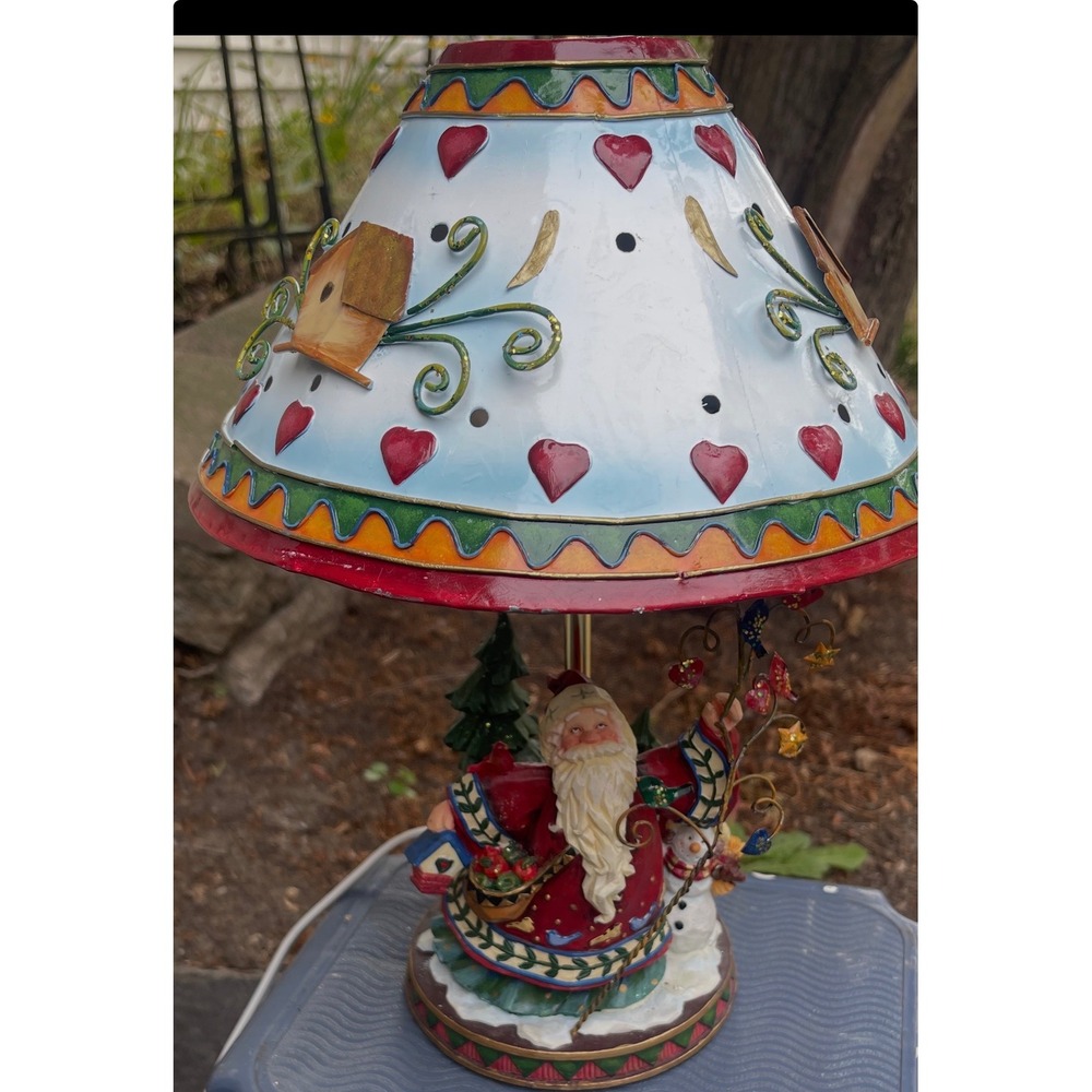 Vintage Santa Claus Table Lamp Metal Heart Shade Folk Art Christmas Decor NEW